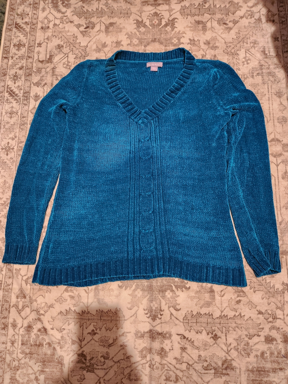 Laura Scott Teal V-Neck Cable Knit Sweater